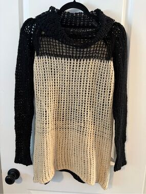 Twin-Set Two-Tone Open Knit Cowl Neck Sweater in Black & Cream
